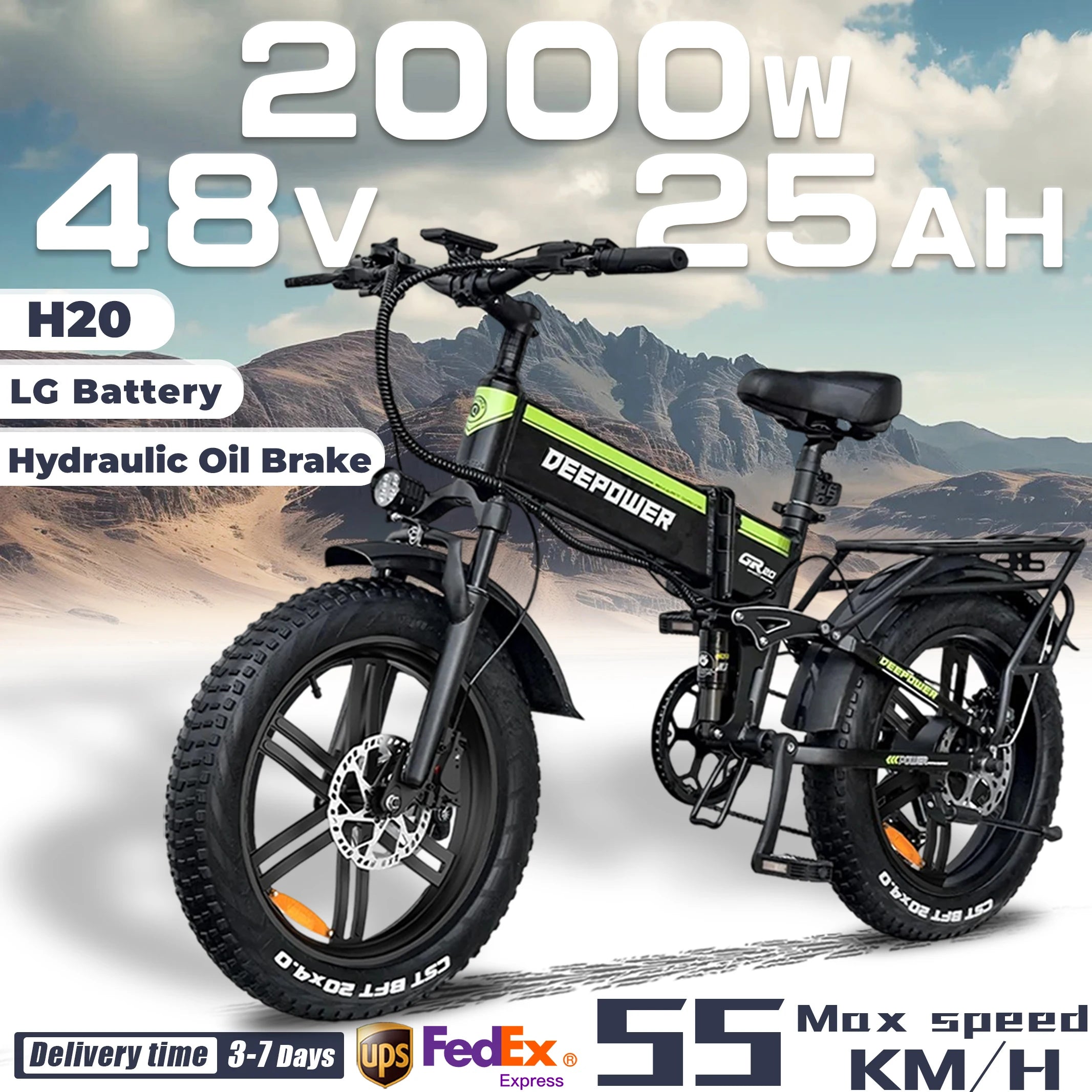 DEEPOWER H20 Off-Road Electric Bike 2000W 48V 25AH LG Battery Adults Mountain Ebike LED Display All-Terrain Motorcycle E-bike