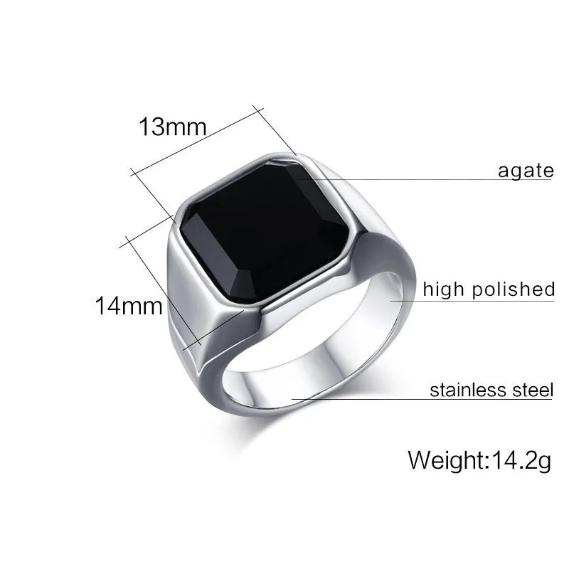 Vintage Black Onyx Signet Ring Mens Stainles Steel Classical Plain Square Husbands Man Anel
