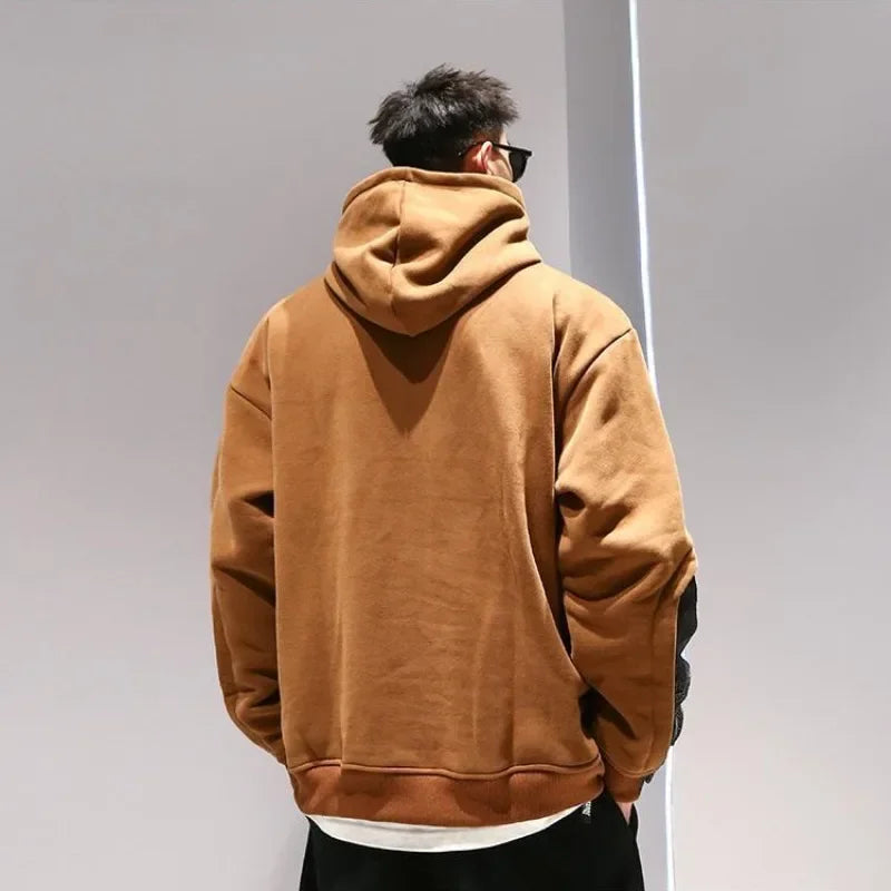 Sweatshirts for Men Khaki Fleeced Splicing Printing Man Hoodies Cotton New in Y2k Vintage Streetwear Novelty and One Piece Loose
