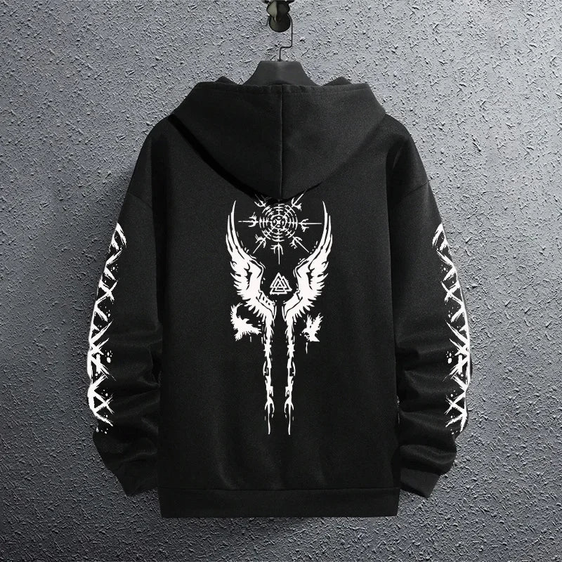 2025 Brand New Black Sweatshirts Autumn Winter Male Daily Casual Sporty Jogging Hoodie Men's Ancient Viking Raven Print Pullover