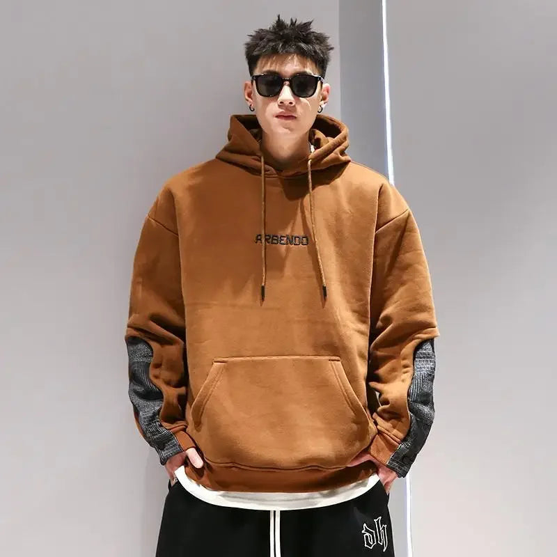 Sweatshirts for Men Khaki Fleeced Splicing Printing Man Hoodies Cotton New in Y2k Vintage Streetwear Novelty and One Piece Loose