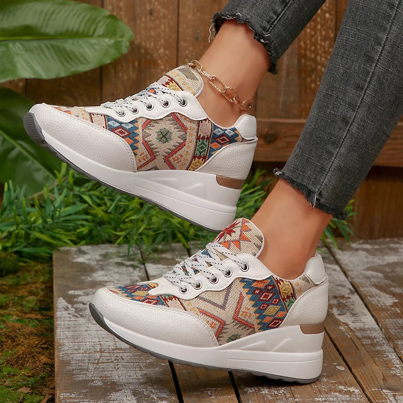 Bohemian Style Wedge Heel Sneakers Women Autumn 2025 Geometric Pattern Casual Sports Shoes Woman Lightweight Platform Sneakers