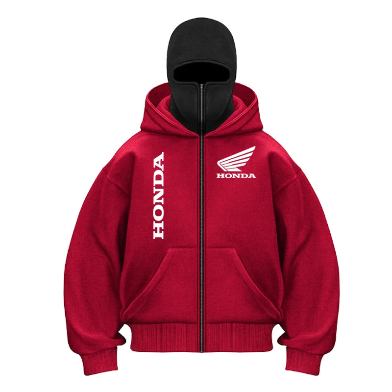 Men and women Honda Logo Motorcycle Jacket Gothic Winter New Double Hooded Fashion Sweatshirt Men's Hooded Mask Zipper Sportswea