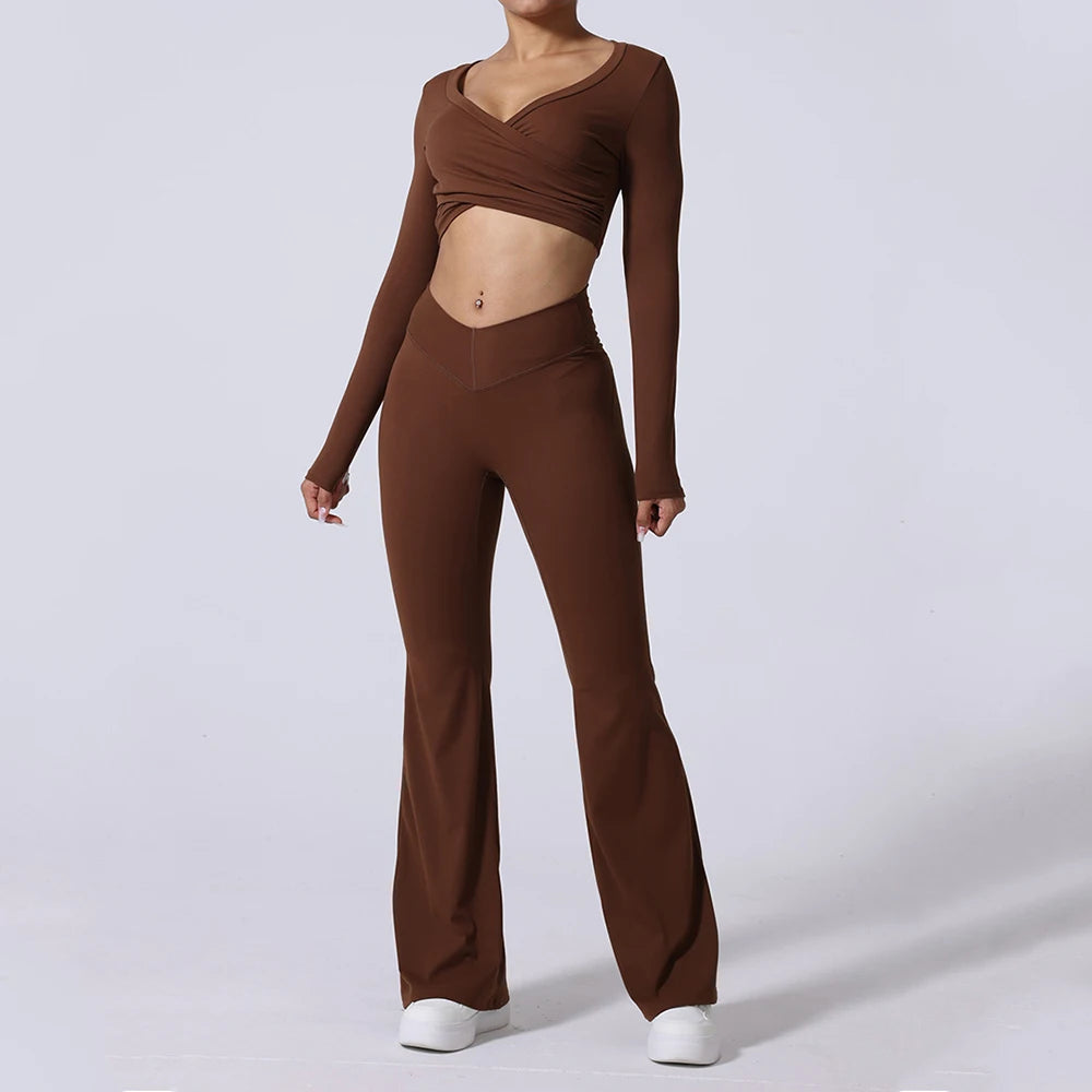 2PCS Yoga Suit Sports Set Women Tracksuits Gym Set Women Running Training Flared Pant Long Sleeve Sports Shirt Workout Clothing