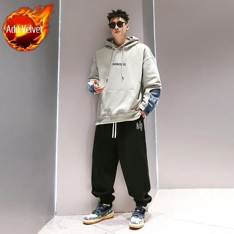 Sweatshirts for Men Khaki Fleeced Splicing Printing Man Hoodies Cotton New in Y2k Vintage Streetwear Novelty and One Piece Loose