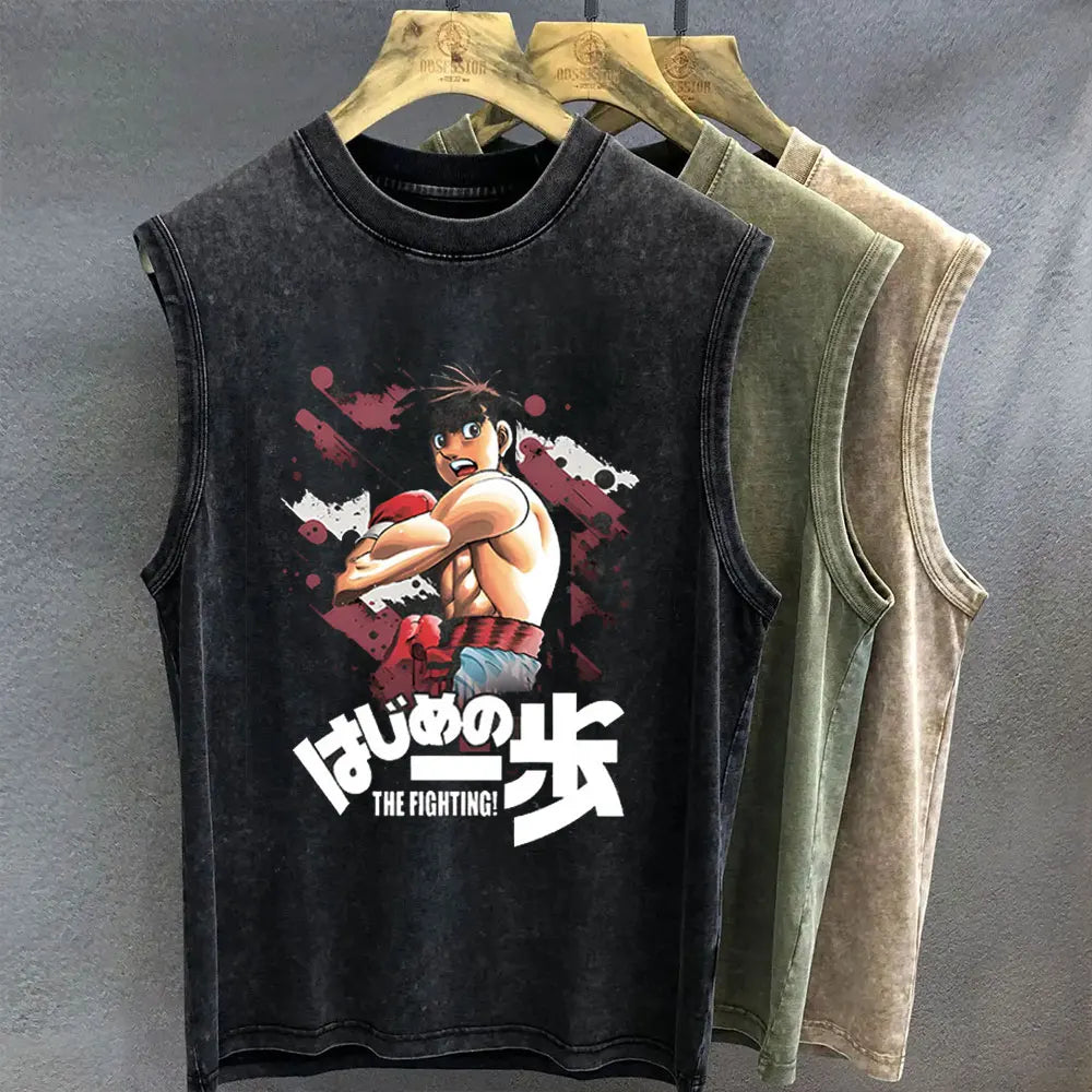 Men's Tank Top Anime Hajime No Ippo Graphic T-shirt Print Oversized Gym Clothing Vintage Wash Sleeveless Vest Womens Y2k Clothes