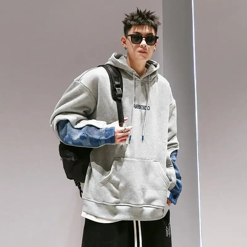 Sweatshirts for Men Khaki Fleeced Splicing Printing Man Hoodies Cotton New in Y2k Vintage Streetwear Novelty and One Piece Loose