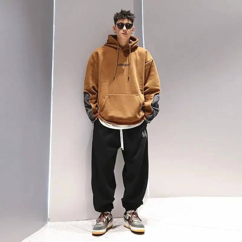 Sweatshirts for Men Khaki Fleeced Splicing Printing Man Hoodies Cotton New in Y2k Vintage Streetwear Novelty and One Piece Loose