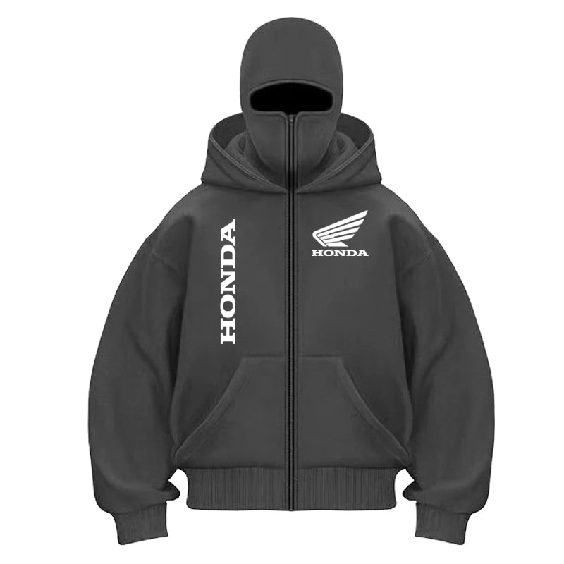 Men and women Honda Logo Motorcycle Jacket Gothic Winter New Double Hooded Fashion Sweatshirt Men's Hooded Mask Zipper Sportswea