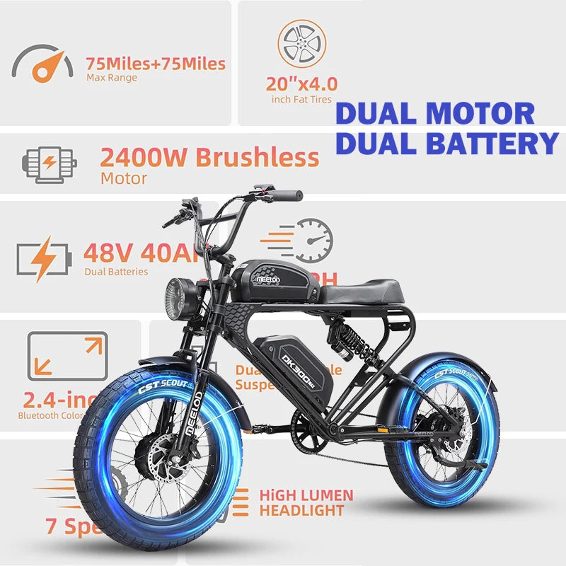 DK300MAX Electric Bike for Adults 2400W Dual Brushless Motor Dual 48V 40AH Removable Battery Mountain Ebike Dual Suspension