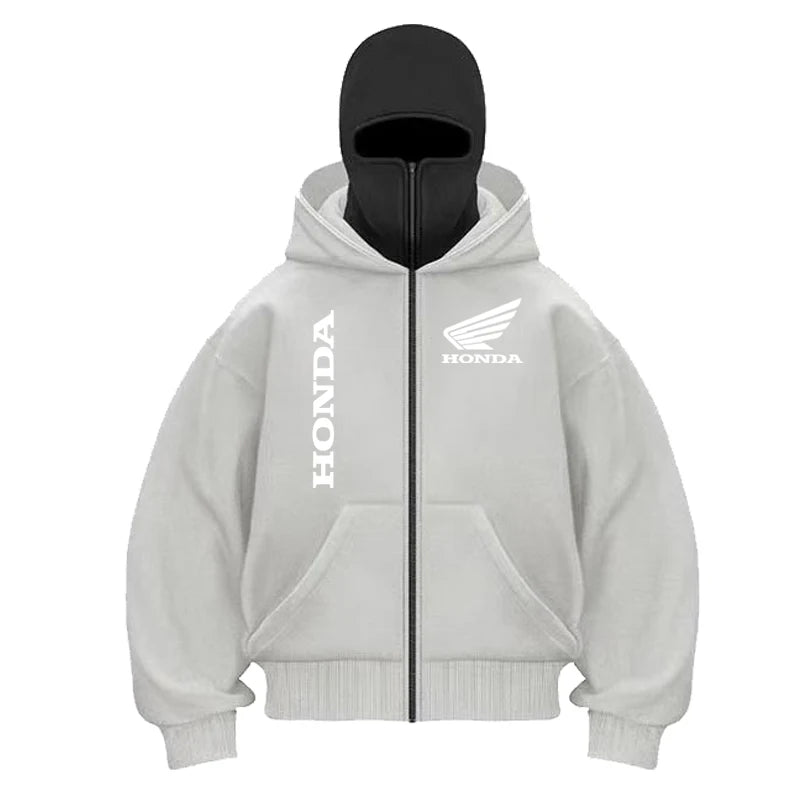 Men and women Honda Logo Motorcycle Jacket Gothic Winter New Double Hooded Fashion Sweatshirt Men's Hooded Mask Zipper Sportswea