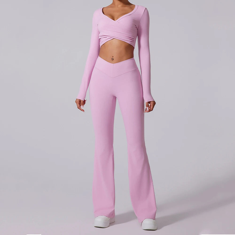 2PCS Yoga Suit Sports Set Women Tracksuits Gym Set Women Running Training Flared Pant Long Sleeve Sports Shirt Workout Clothing