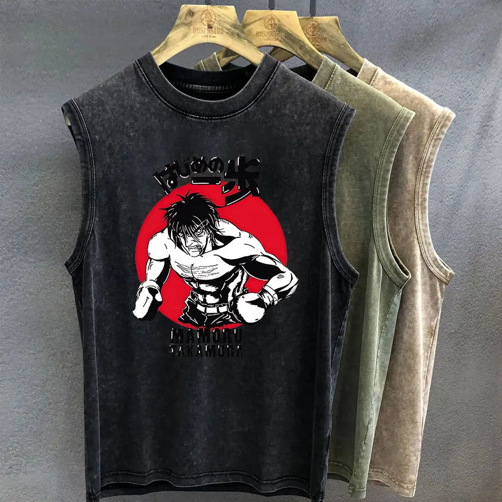 Men's Tank Top Anime Hajime No Ippo Graphic T-shirt Print Oversized Gym Clothing Vintage Wash Sleeveless Vest Womens Y2k Clothes