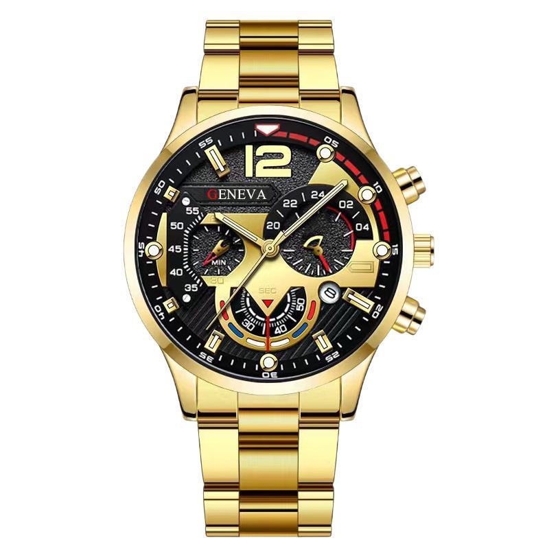 Men's Business Fashion Three-eye Single Calendar Steel Watch Bracelet Cross Bracelet Suit