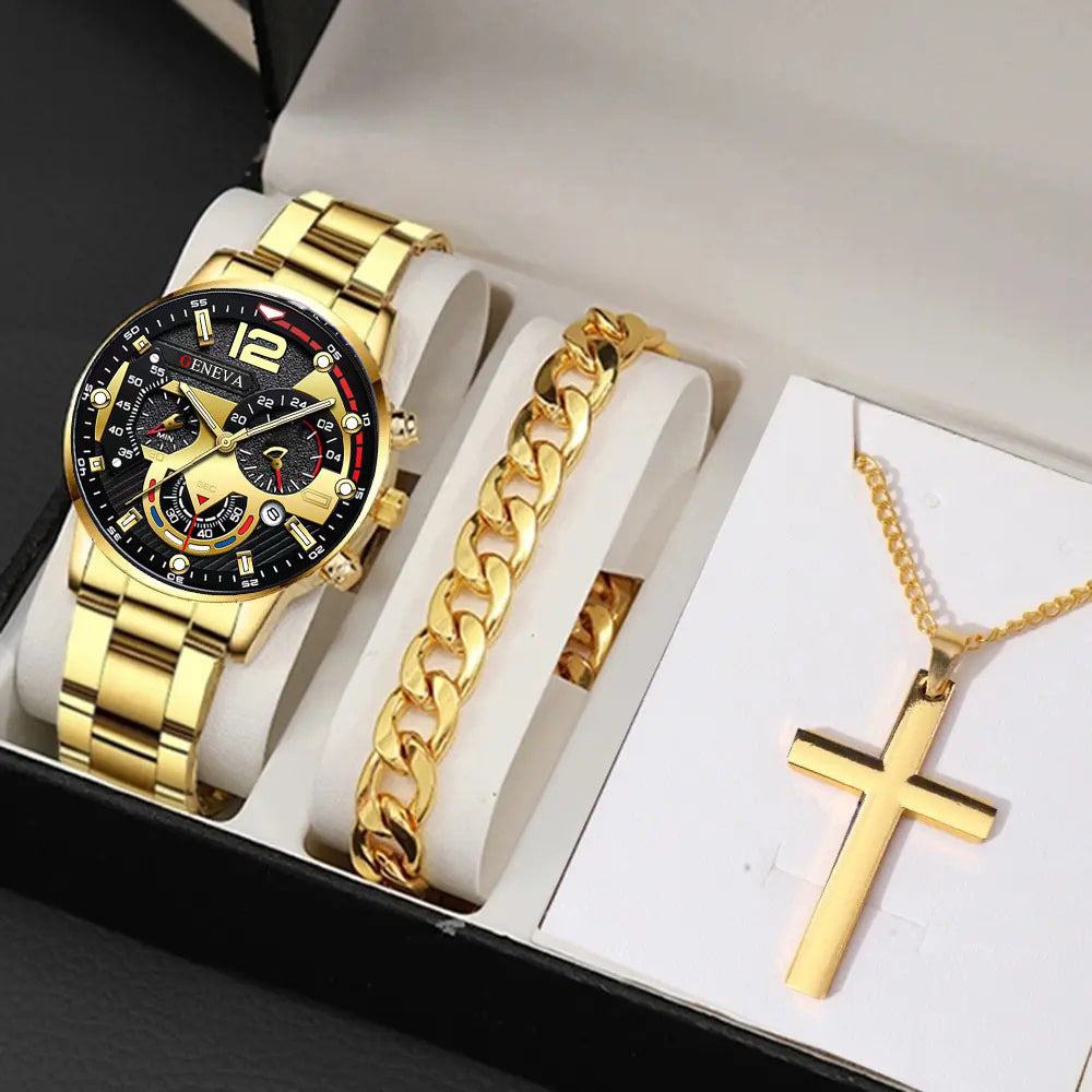 Men's Business Fashion Three-eye Single Calendar Steel Watch Bracelet Cross Bracelet Suit