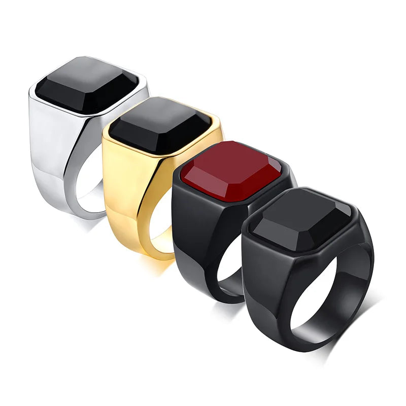 Vintage Black Onyx Signet Ring Mens Stainles Steel Classical Plain Square  Husbands Man Anel