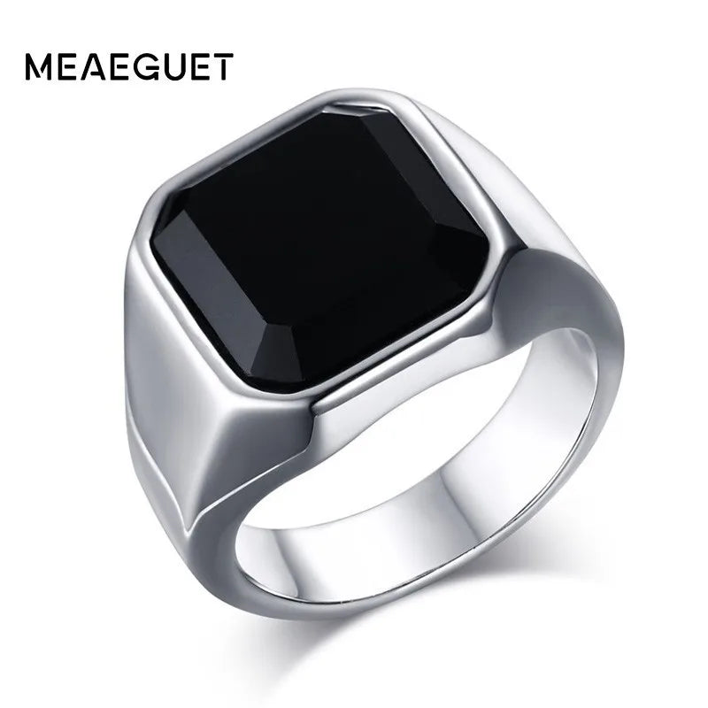 Vintage Black Onyx Signet Ring Mens Stainles Steel Classical Plain Square  Husbands Man Anel