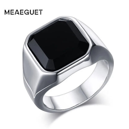 Vintage Black Onyx Signet Ring Mens Stainles Steel Classical Plain Square  Husbands Man Anel