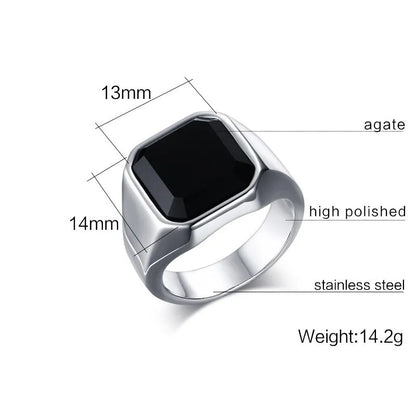 Vintage Black Onyx Signet Ring Mens Stainles Steel Classical Plain Square  Husbands Man Anel