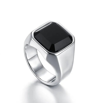 Vintage Black Onyx Signet Ring Mens Stainles Steel Classical Plain Square  Husbands Man Anel