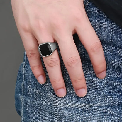 Vintage Black Onyx Signet Ring Mens Stainles Steel Classical Plain Square  Husbands Man Anel