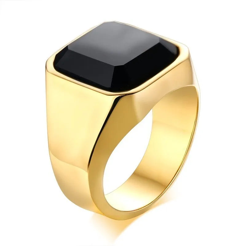 Vintage Black Onyx Signet Ring Mens Stainles Steel Classical Plain Square  Husbands Man Anel