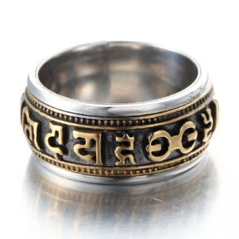 Mantra rotatable ring men titanium steel tide retro domineering personality single index finger ring with jewelry