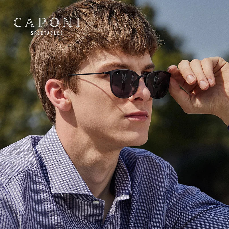 CAPONI Oval Men's Sunglasses Photochromic Polarized Sun Glasses For Men Protect UV Ray Super Light Driving Black Glasses BS520