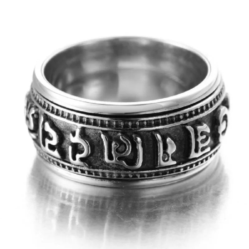 Mantra rotatable ring men titanium steel tide retro domineering personality single index finger ring with jewelry