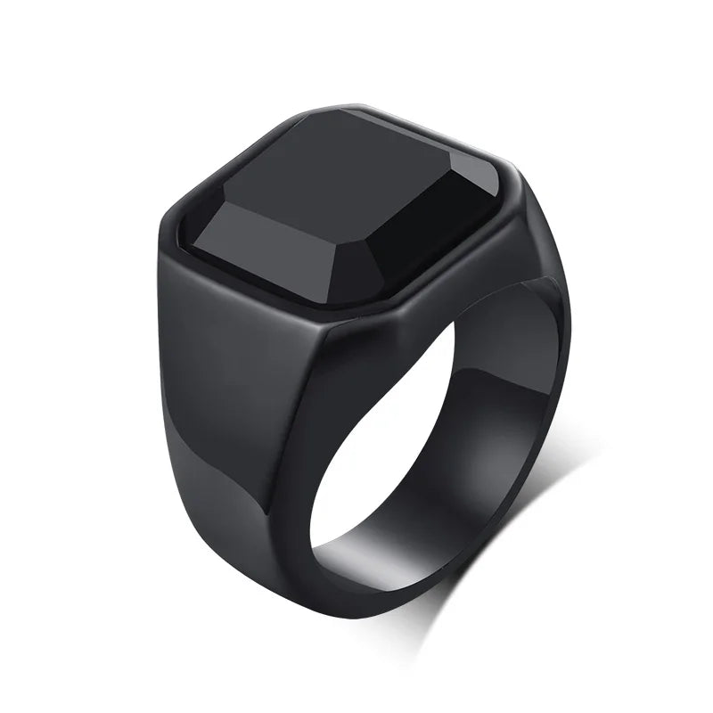 Vintage Black Onyx Signet Ring Mens Stainles Steel Classical Plain Square  Husbands Man Anel