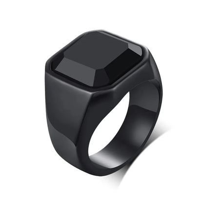 Vintage Black Onyx Signet Ring Mens Stainles Steel Classical Plain Square  Husbands Man Anel