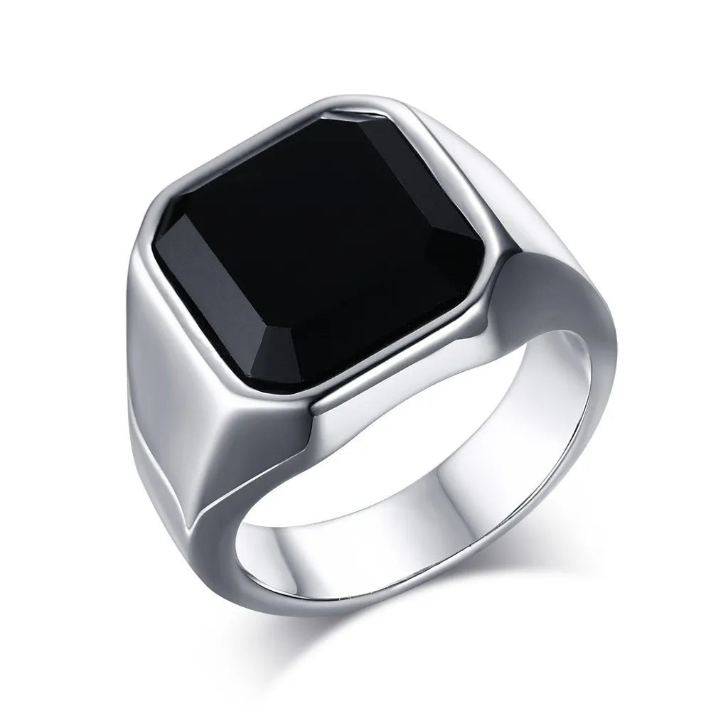 Vintage Black Onyx Signet Ring Mens Stainles Steel Classical Plain Square  Husbands Man Anel