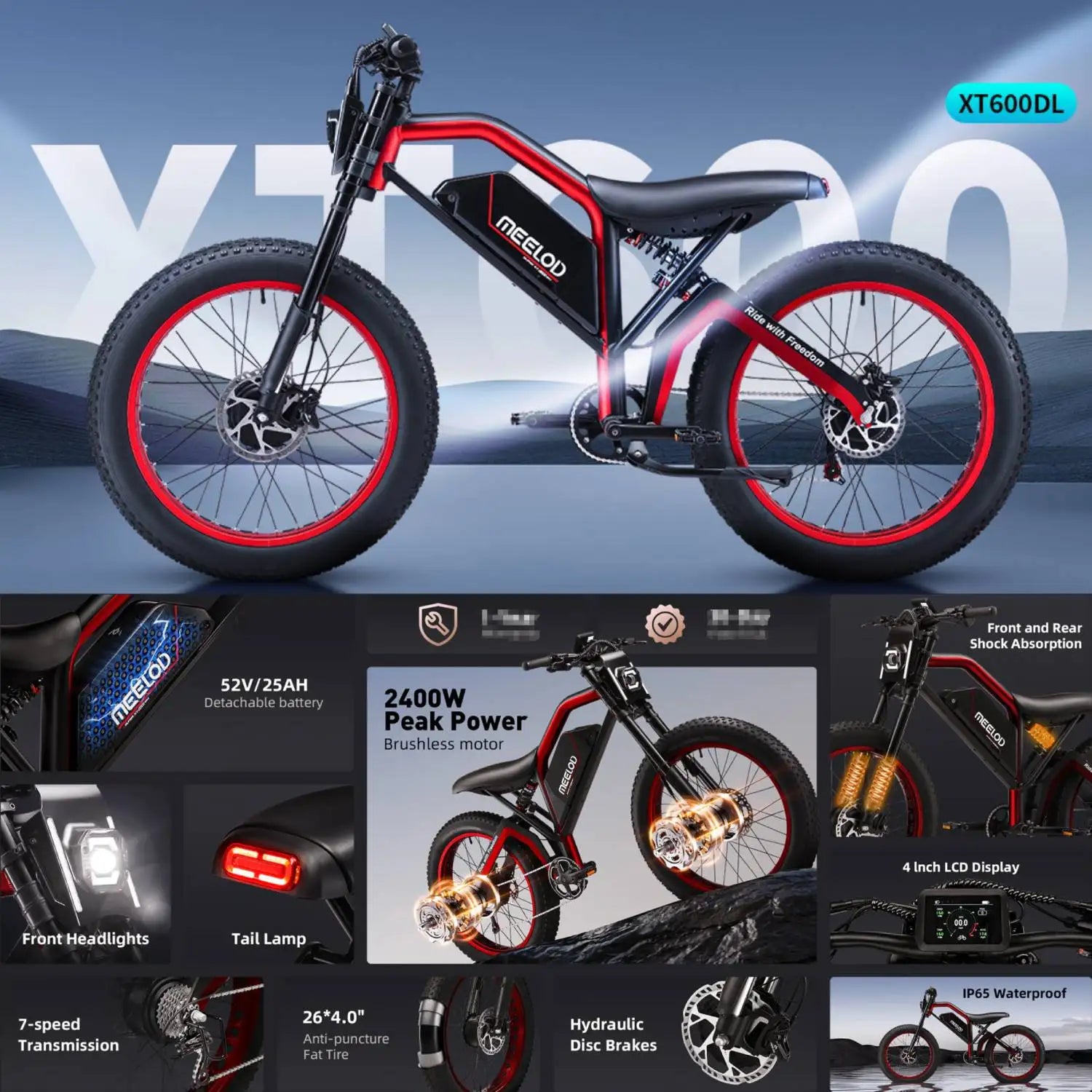 XT600/XT600DL Mountain Electric Bike 2500W Peak Power Dual Motor 52V 25AH Removable Lithium Battery 26''x4.0'' Spoke Fat Tire