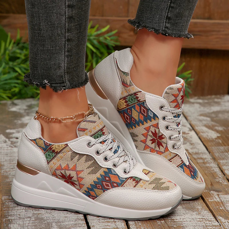 Bohemian Style Wedge Heel Sneakers Women Autumn 2025 Geometric Pattern Casual Sports Shoes Woman Lightweight Platform Sneakers