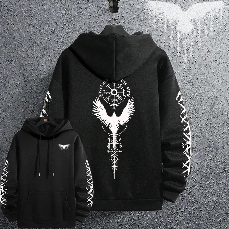 2025 Brand New Black Sweatshirts Autumn Winter Male Daily Casual Sporty Jogging Hoodie Men's Ancient Viking Raven Print Pullover