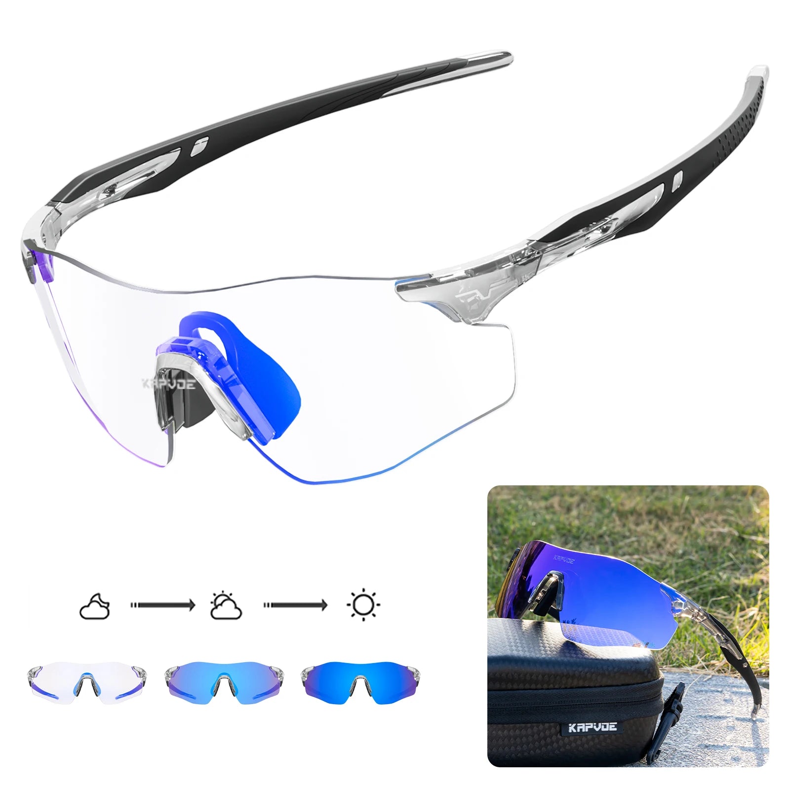 Kapvoe Photochromic Sports Sunglasses Rimless Cycling Glasses Bike Bicycle Glasses Men's MTB Road Running Goggles Red Blue UV400