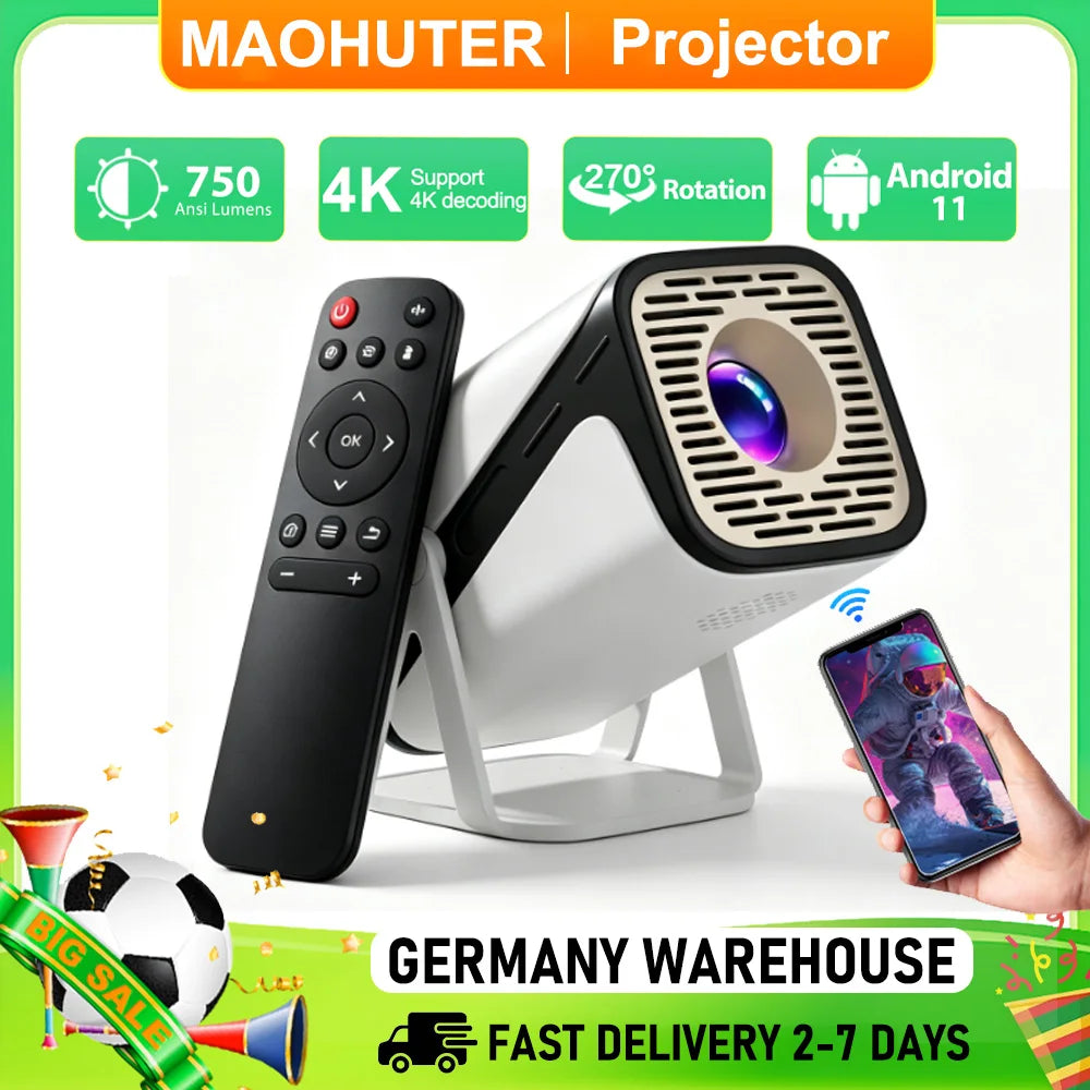 MAOHUTER Full HD Projector Android 11 Native 720P Quick Focus Automatic Trapezoid Correction For Home Cinema Smart Mini Portable Projector