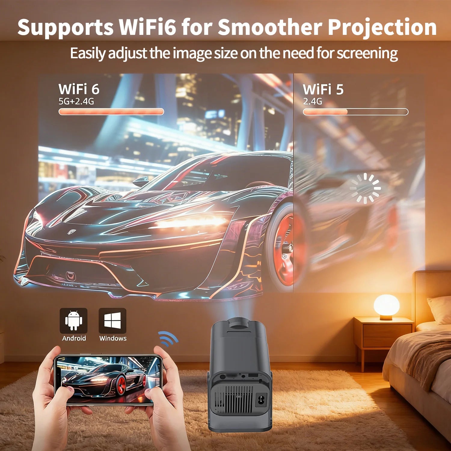 High-Definition Projector with Auto Keystone Correction and 180° Rotation, Android, Wi-Fi 6/BT5.4, Native 720P Resolution/Supports 4K Decoding, Compatible with Netflix/Prime Video/Hulu, Indoor/Outdoor Home Theater, Ideal Gif