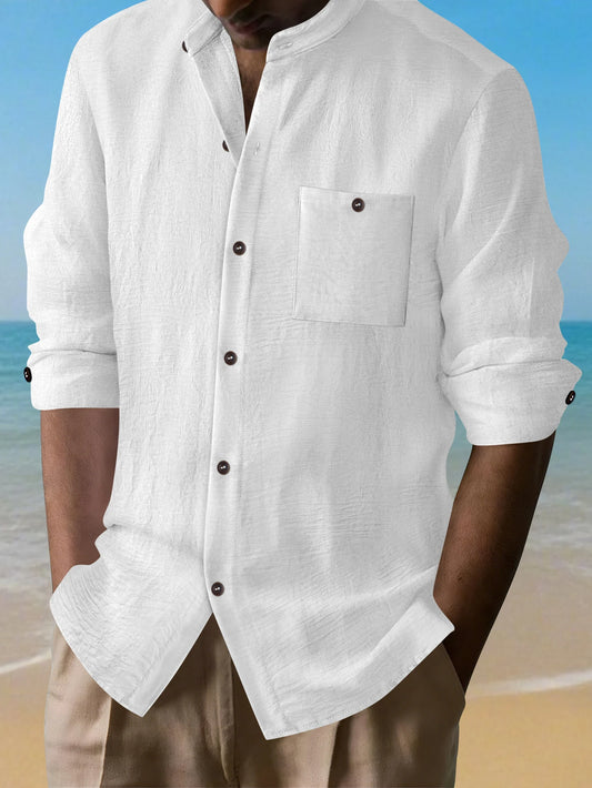 2025 New Style Men's Linen V-Neck Shirt Loose Top European Style Cardigan Linen Long-Sleeved Shirt