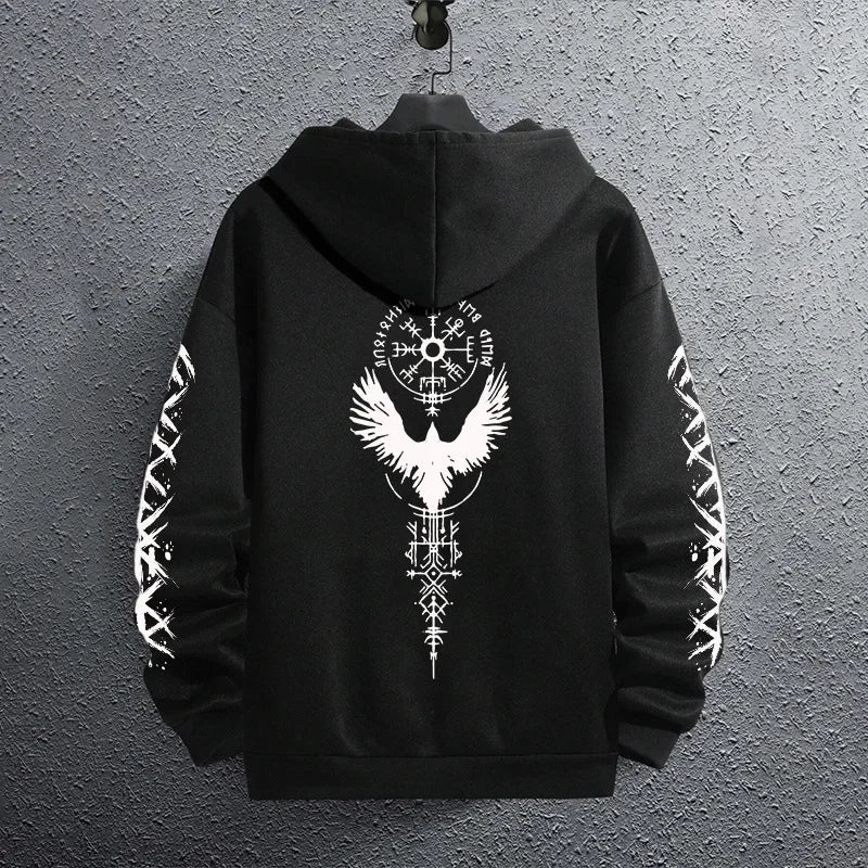 2025 Brand New Black Sweatshirts Autumn Winter Male Daily Casual Sporty Jogging Hoodie Men's Ancient Viking Raven Print Pullover