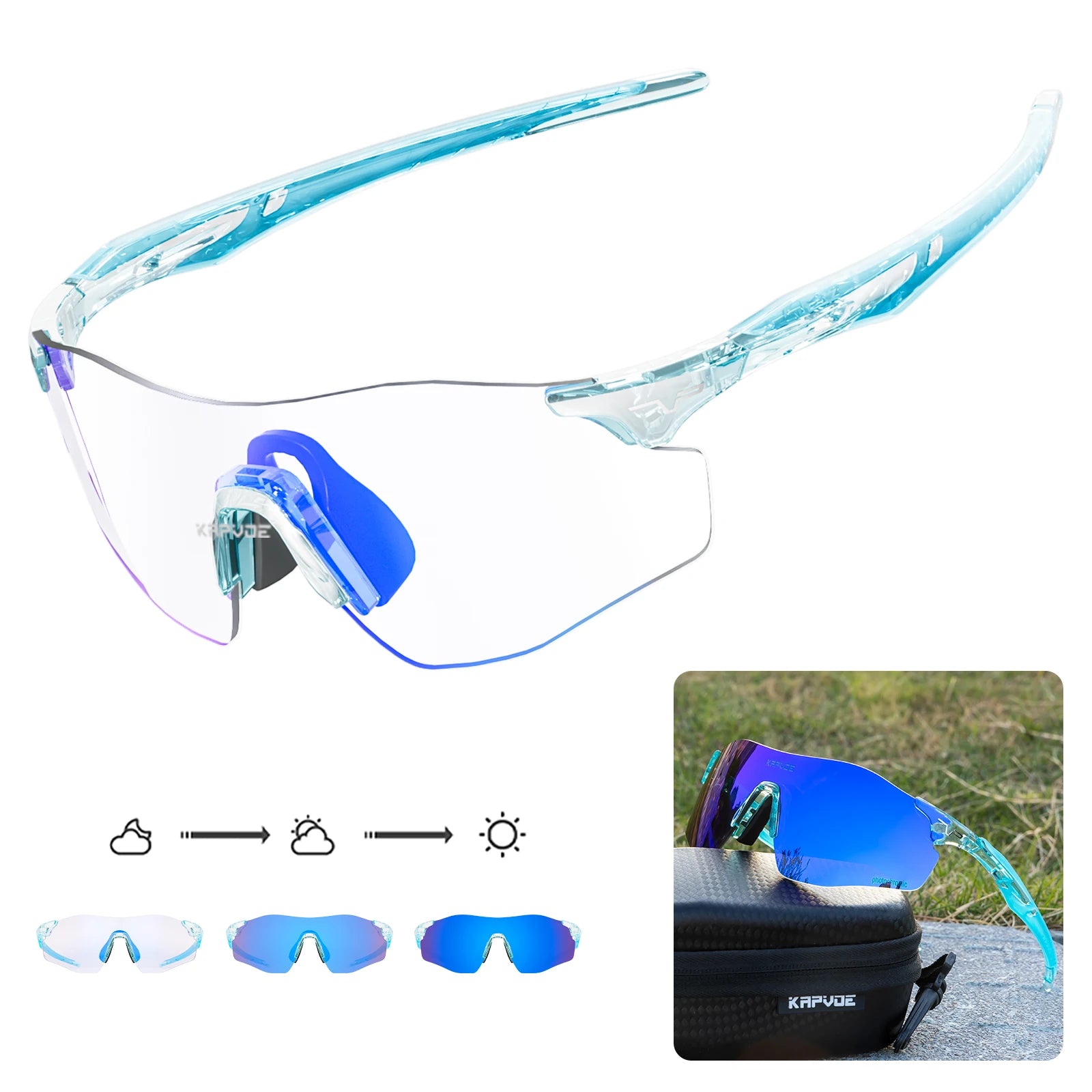 Kapvoe Photochromic Sports Sunglasses Rimless Cycling Glasses Bike Bicycle Glasses Men's MTB Road Running Goggles Red Blue UV400