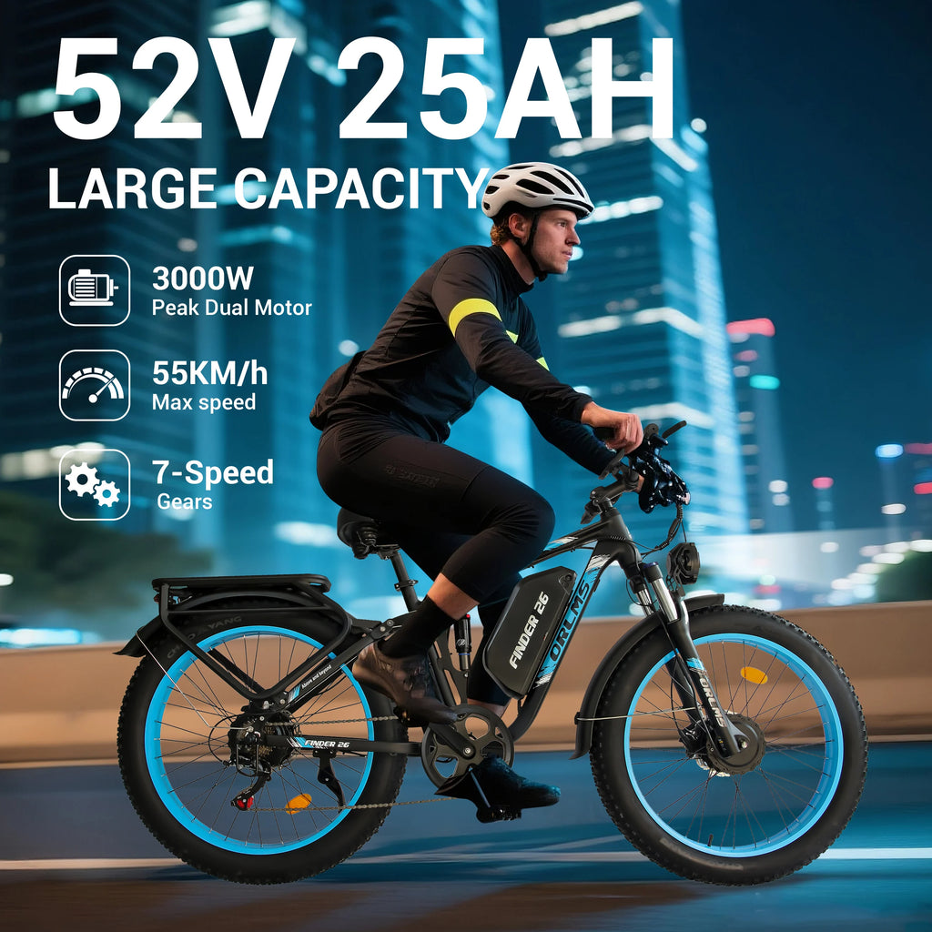 ORLMS V3 Electric Bicycle 3000W Peak Dual Motor 52V25AH Battery Electric Bike For Adult 26” Tire Commuting E-Bicycle