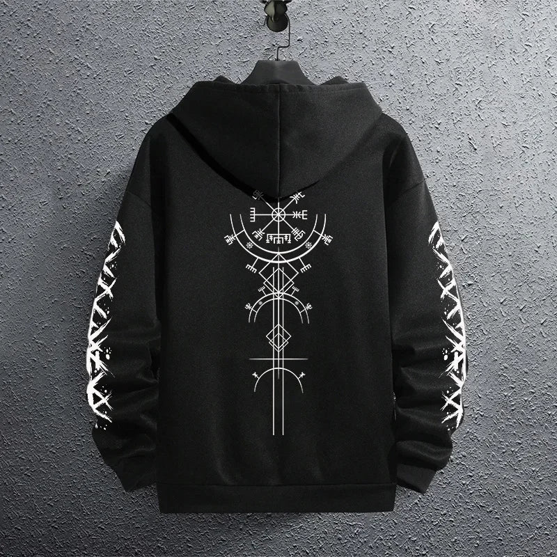 2025 Brand New Black Sweatshirts Autumn Winter Male Daily Casual Sporty Jogging Hoodie Men's Ancient Viking Raven Print Pullover