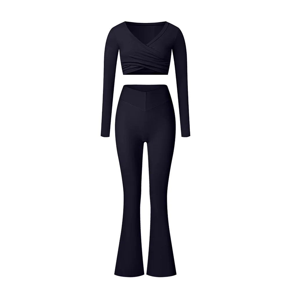 2PCS Yoga Suit Sports Set Women Tracksuits Gym Set Women Running Training Flared Pant Long Sleeve Sports Shirt Workout Clothing