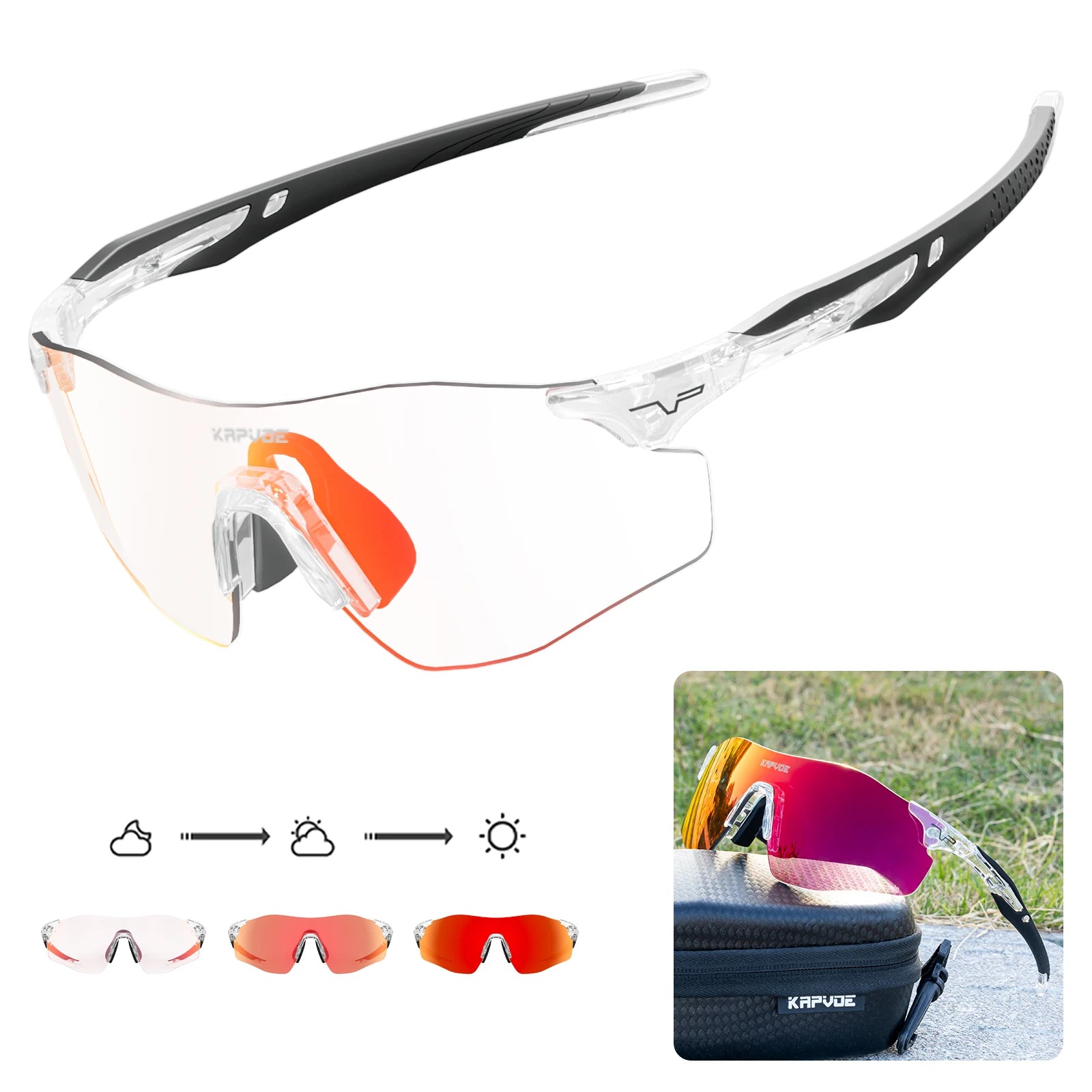 Kapvoe Photochromic Sports Sunglasses Rimless Cycling Glasses Bike Bicycle Glasses Men's MTB Road Running Goggles Red Blue UV400