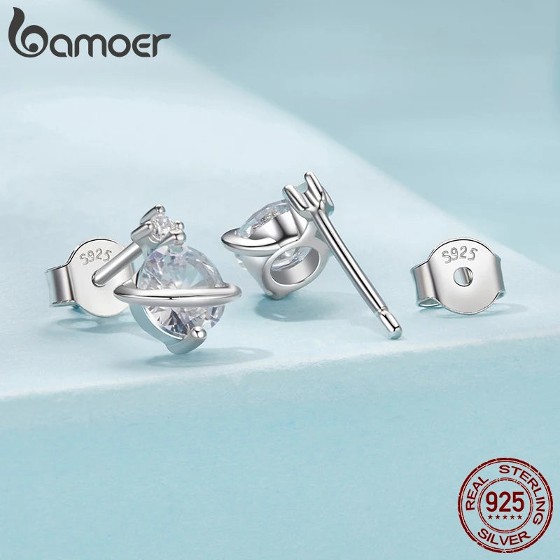 BAMOER 925 Sterling Silver Aesthetic Saturn Planet Earring, White Gold Plated Hypoallergenic Earrings Y2K Jewelry Gift SCE1880