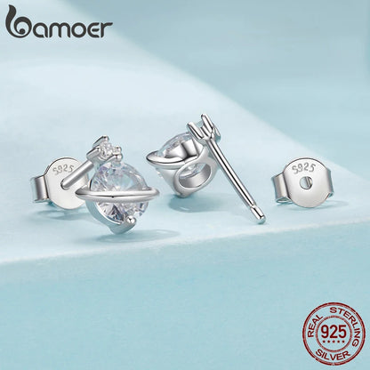 BAMOER 925 Sterling Silver Aesthetic Saturn Planet Earring, White Gold Plated Hypoallergenic Earrings Y2K Jewelry Gift SCE1880