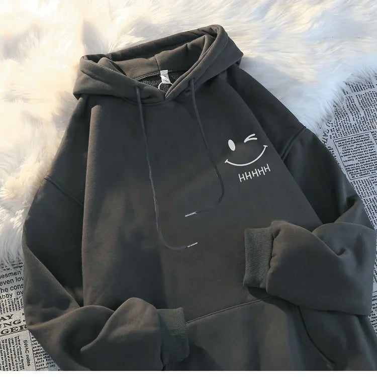 Women's Smiling Face Funny Fashion Couple Hooded Sweater American Heavyweight Loose Thickened Cashmere Boys' Hoodie Pullover Top