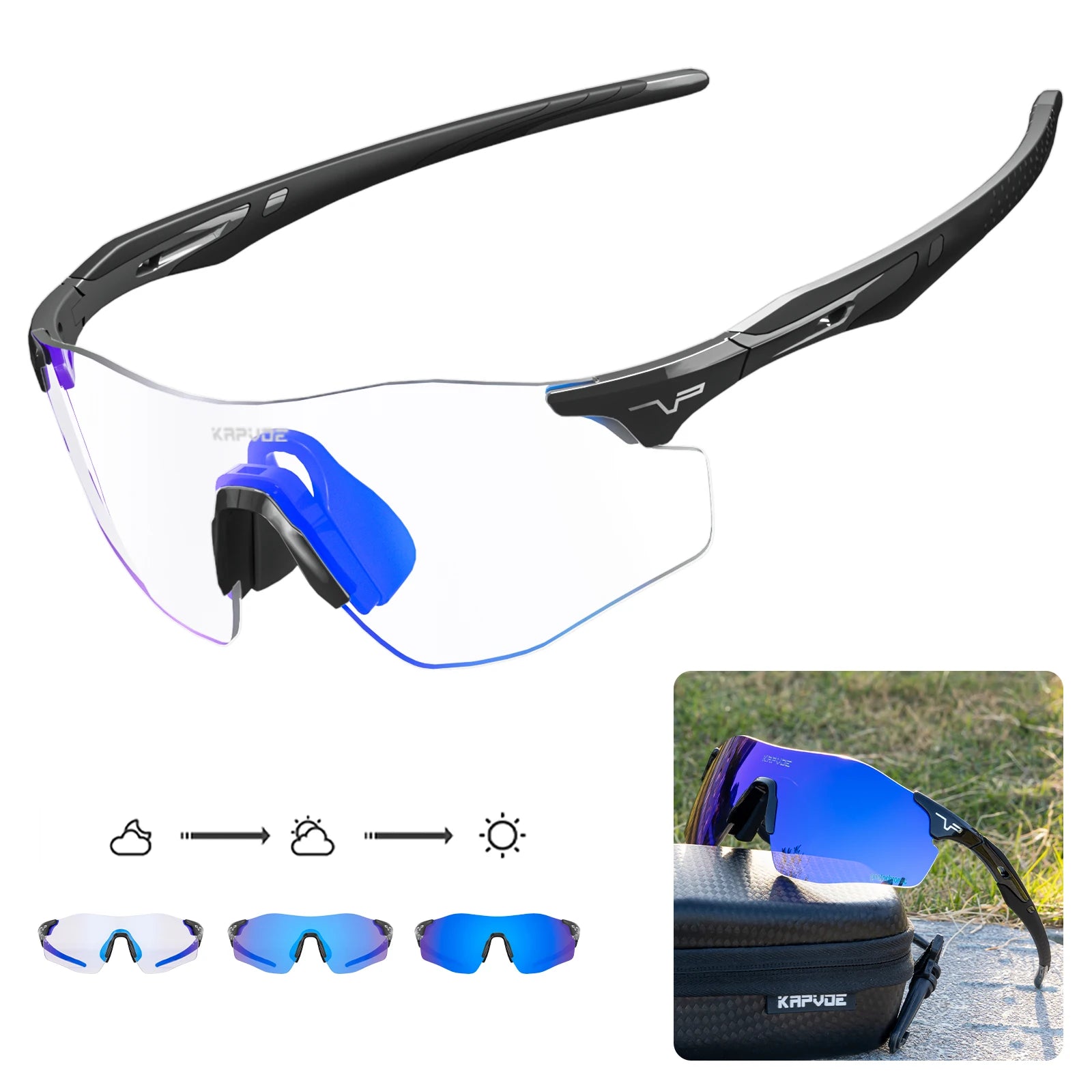 Kapvoe Photochromic Sports Sunglasses Rimless Cycling Glasses Bike Bicycle Glasses Men's MTB Road Running Goggles Red Blue UV400