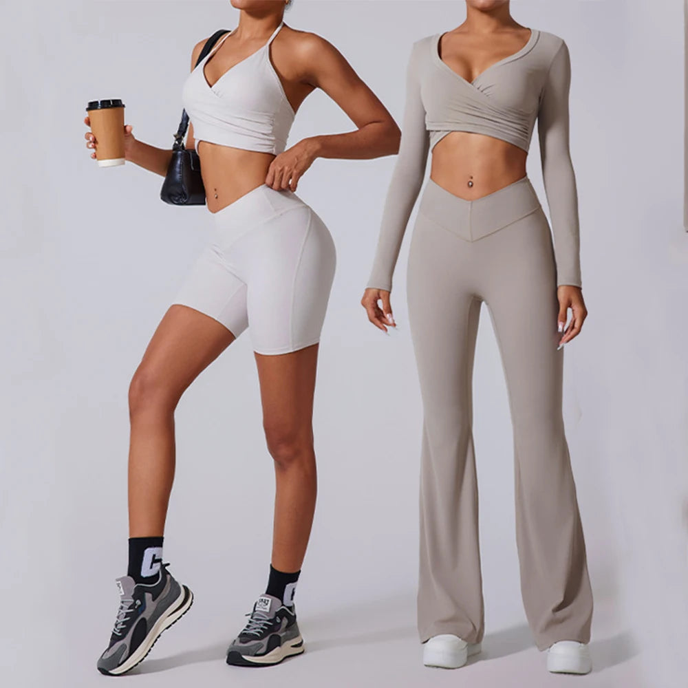 2PCS Yoga Suit Sports Set Women Tracksuits Gym Set Women Running Training Flared Pant Long Sleeve Sports Shirt Workout Clothing